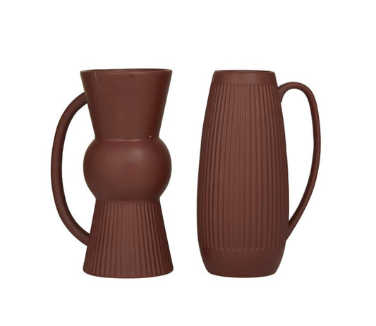RED CERAMIC RIBBED VASE WITH HANDLES