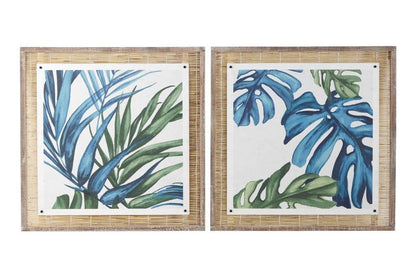 BLUE DRIED PLANT LEAF FRAMED WALL ART WITH BROWN FRAME SET OF 2