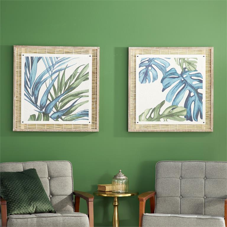 BLUE DRIED PLANT LEAF FRAMED WALL ART WITH BROWN FRAME SET OF 2