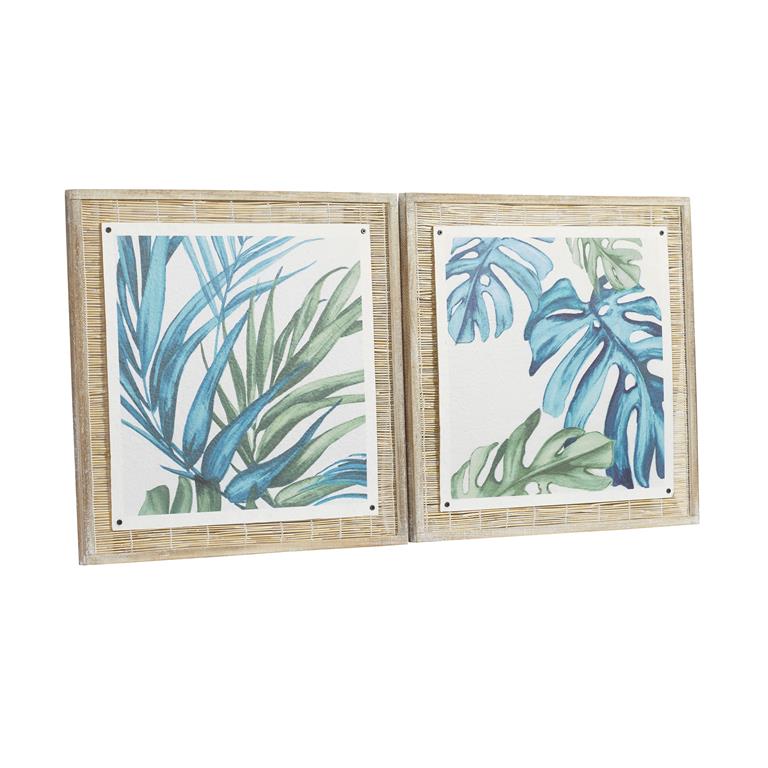 BLUE DRIED PLANT LEAF FRAMED WALL ART WITH BROWN FRAME SET OF 2