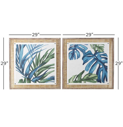 BLUE DRIED PLANT LEAF FRAMED WALL ART WITH BROWN FRAME SET OF 2