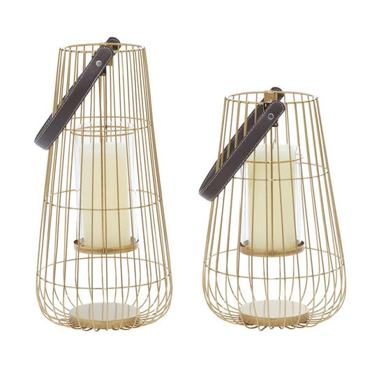 GOLD METAL PILLAR CANDLE LANTERN WITH LEATHER STRAPS