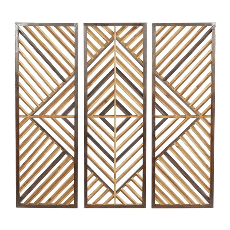 BROWN WOOD GEOMETRIC SLATTED WOOD DESIGN WALL DECOR, SET OF 3