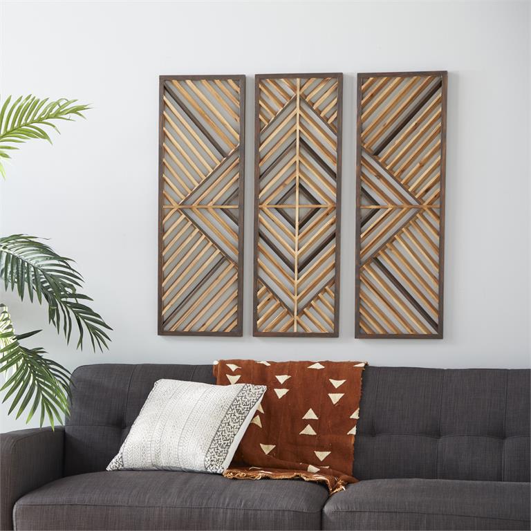 BROWN WOOD GEOMETRIC SLATTED WOOD DESIGN WALL DECOR, SET OF 3