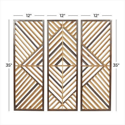 BROWN WOOD GEOMETRIC SLATTED WOOD DESIGN WALL DECOR, SET OF 3