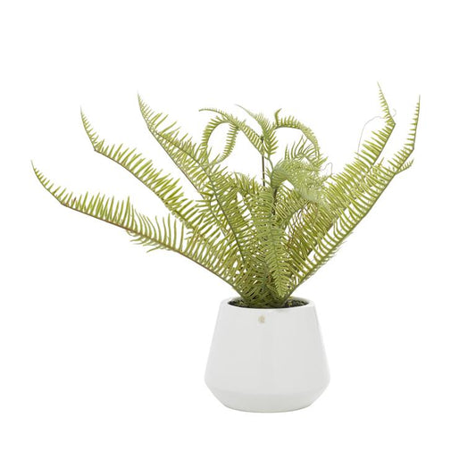 GREEN FAUX FOLIAGE FERN ARTIFICIAL PLANT WITH WHITE CERAMIC POT