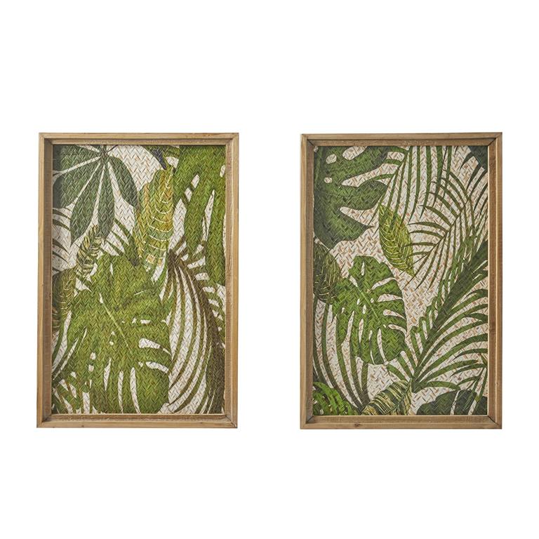 GREEN WOOD LEAF TROPICAL WALL DECOR WITH BROWN FRAME SET OF 2