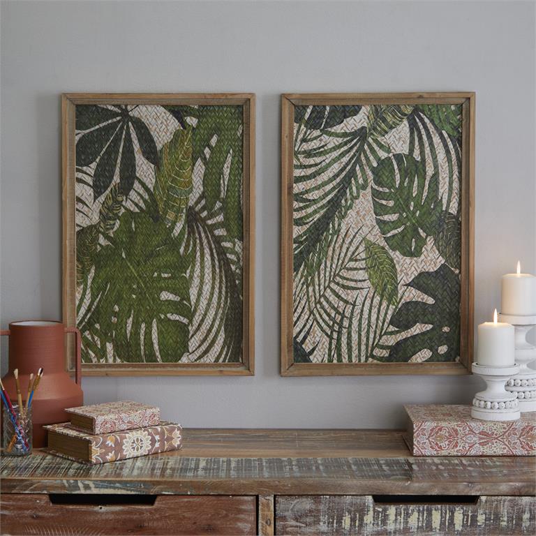 GREEN WOOD LEAF TROPICAL WALL DECOR WITH BROWN FRAME SET OF 2