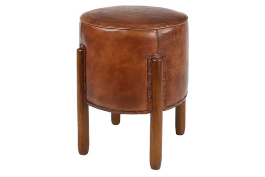 BROWN TEAK WOOD HANDMADE UPHOLSTERED LEATHER STOOL WITH WOOD LEGS