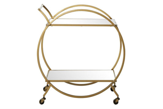 GOLD METAL ROLLING 2 MIRRORED SHELVES BAR CART WITH WHEELS AND HANDLE