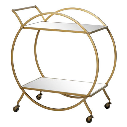 GOLD METAL ROLLING 2 MIRRORED SHELVES BAR CART WITH WHEELS AND HANDLE