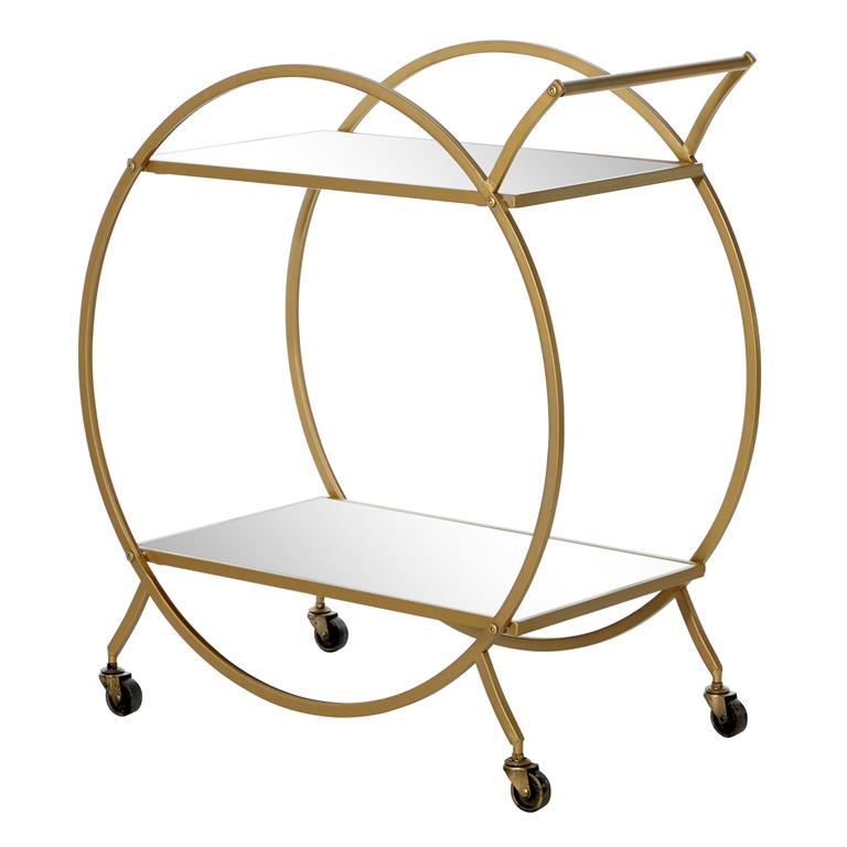 GOLD METAL ROLLING 2 MIRRORED SHELVES BAR CART WITH WHEELS AND HANDLE