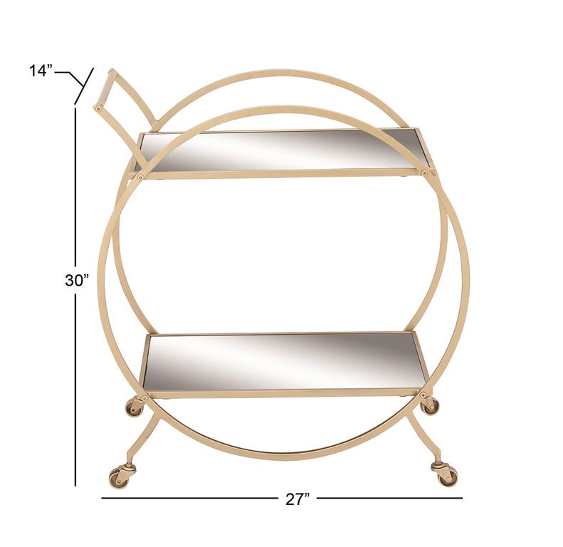 GOLD METAL ROLLING 2 MIRRORED SHELVES BAR CART WITH WHEELS AND HANDLE