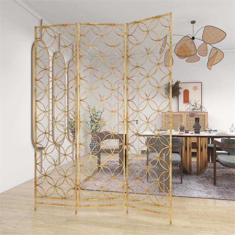 BRASS METAL GEOMETRIC HINGED FOLDABLE PARTITION 3 PANEL ROOM DIVIDER SCREEN