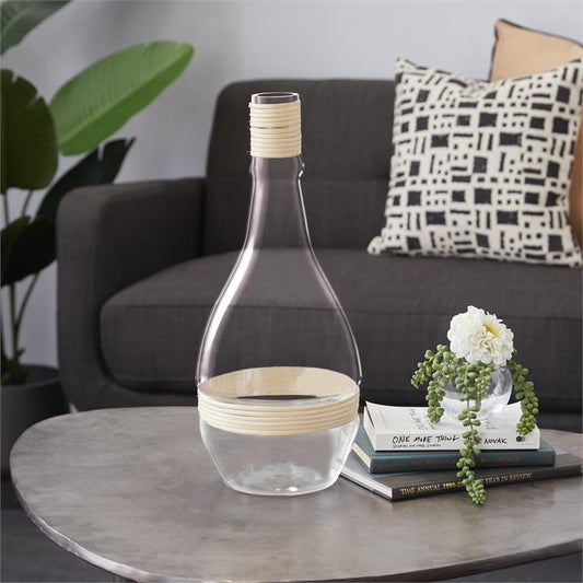 CLEAR GLASS VASE WITH RATTAN DETAIL