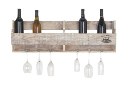 BROWN WOOD 10 BOTTLE WALL WINE RACK WITH 6 GLASS HOLDER SLOTS