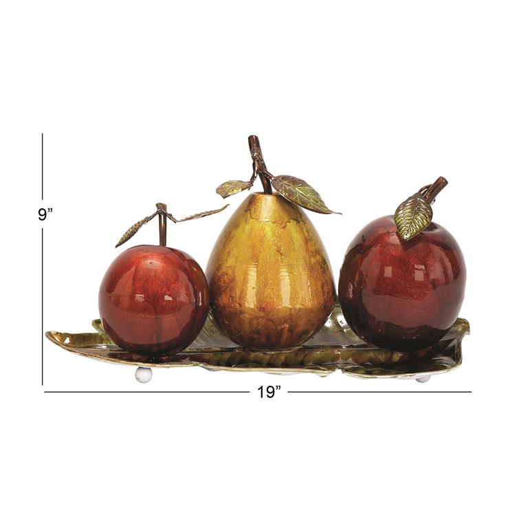 RED METAL FRUIT DECORATIVE SCULPTURE WITH PLATTER