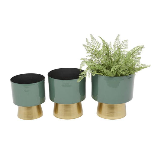 GREEN METAL PLANTER WITH GOLD BASE