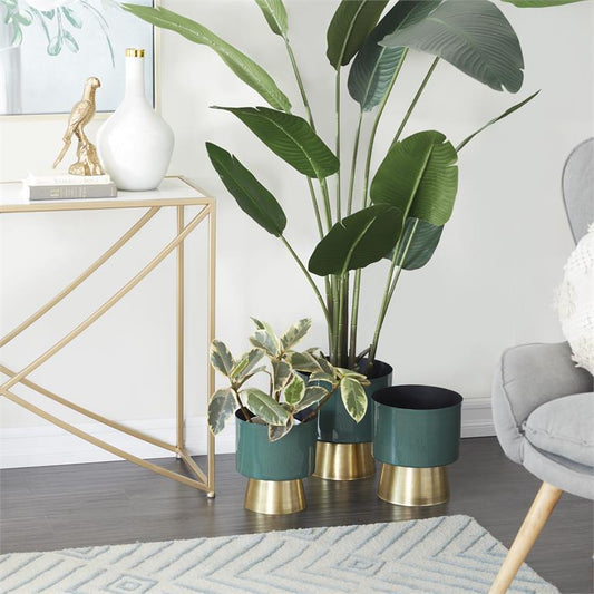 GREEN METAL PLANTER WITH GOLD BASE