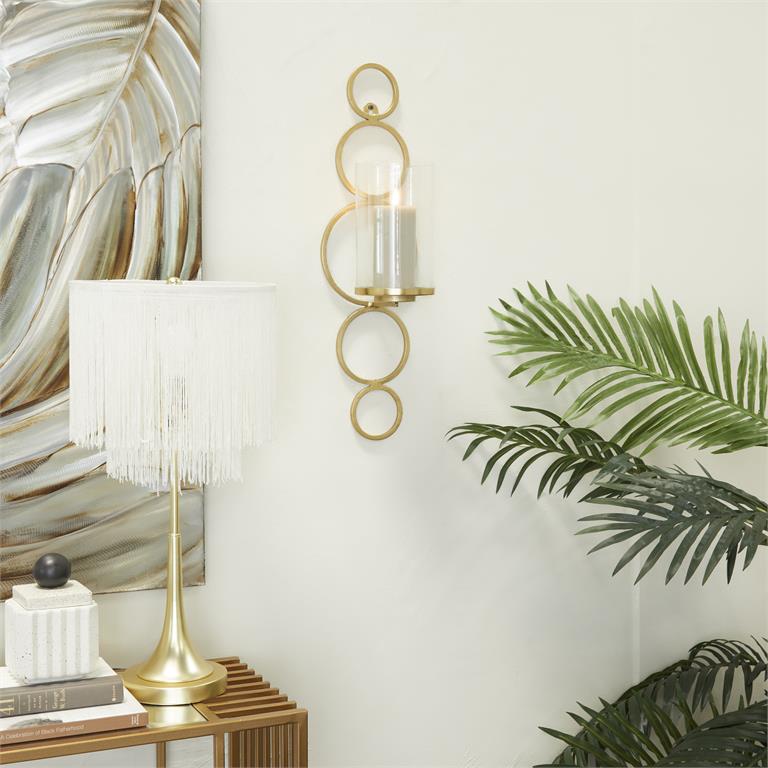 COSMOLIVING BY COSMOPOLITAN GOLD METAL CIRCLE WALL SCONCE WITH GLASS HOLDER