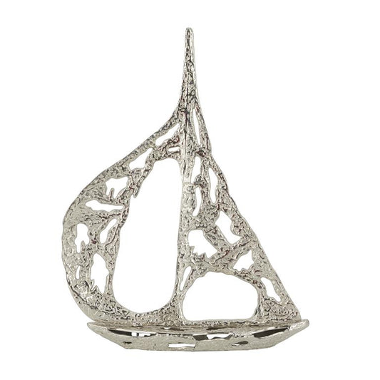 SILVER ALUMINUM SAIL BOAT SCULPTURE WITH CUT OUT DESIGNS