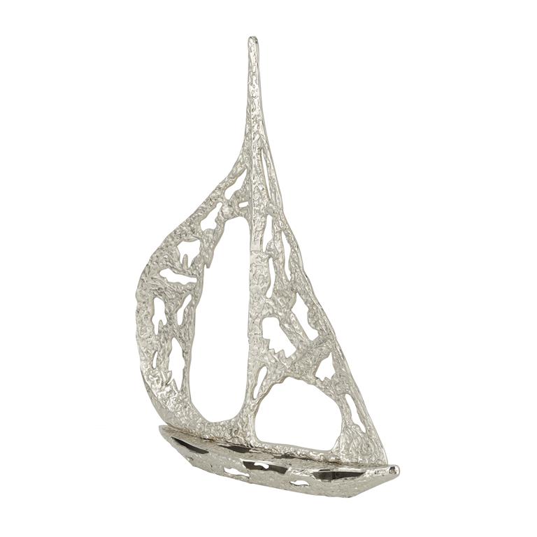 SILVER ALUMINUM SAIL BOAT SCULPTURE WITH CUT OUT DESIGNS
