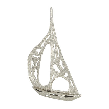 SILVER ALUMINUM SAIL BOAT SCULPTURE WITH CUT OUT DESIGNS