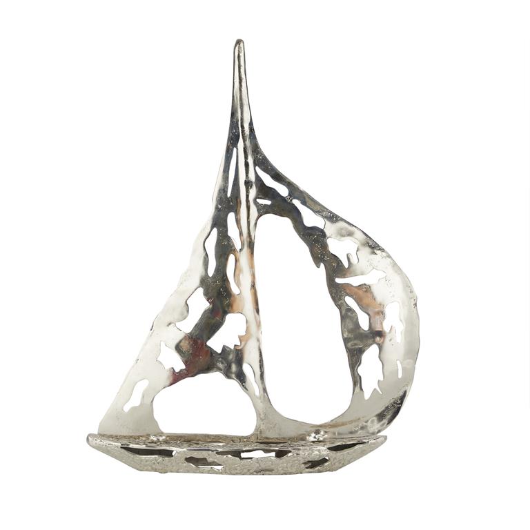 SILVER ALUMINUM SAIL BOAT SCULPTURE WITH CUT OUT DESIGNS