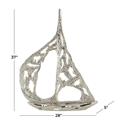 SILVER ALUMINUM SAIL BOAT SCULPTURE WITH CUT OUT DESIGNS