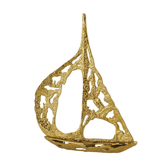 GOLD ALUMINUM SAIL BOAT SCULPTURE WITH CUT OUT DESIGNS