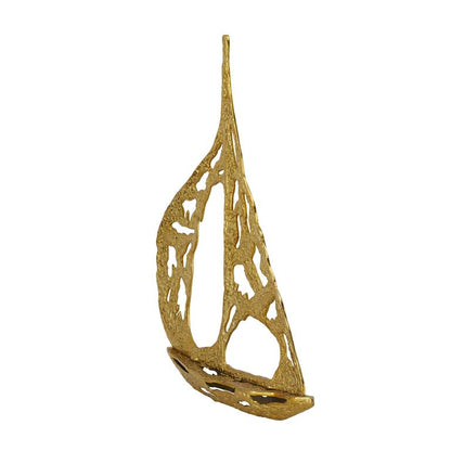 GOLD ALUMINUM SAIL BOAT SCULPTURE WITH CUT OUT DESIGNS