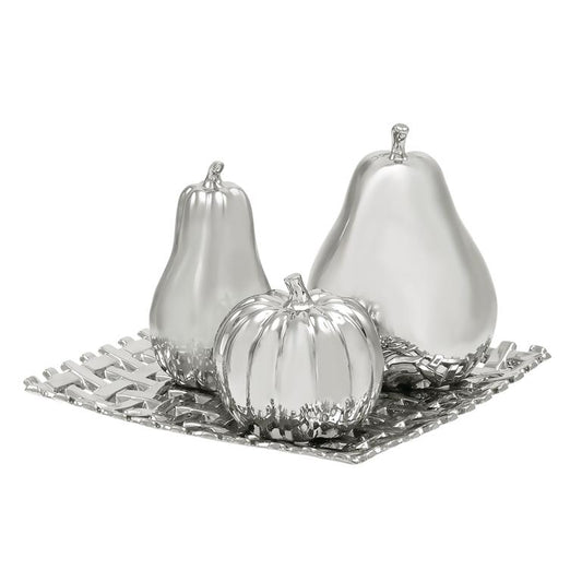 SILVER CERAMIC FRUIT DECORATIVE SCULPTURE WITH PLATE,