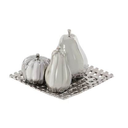 SILVER CERAMIC FRUIT DECORATIVE SCULPTURE WITH PLATE,