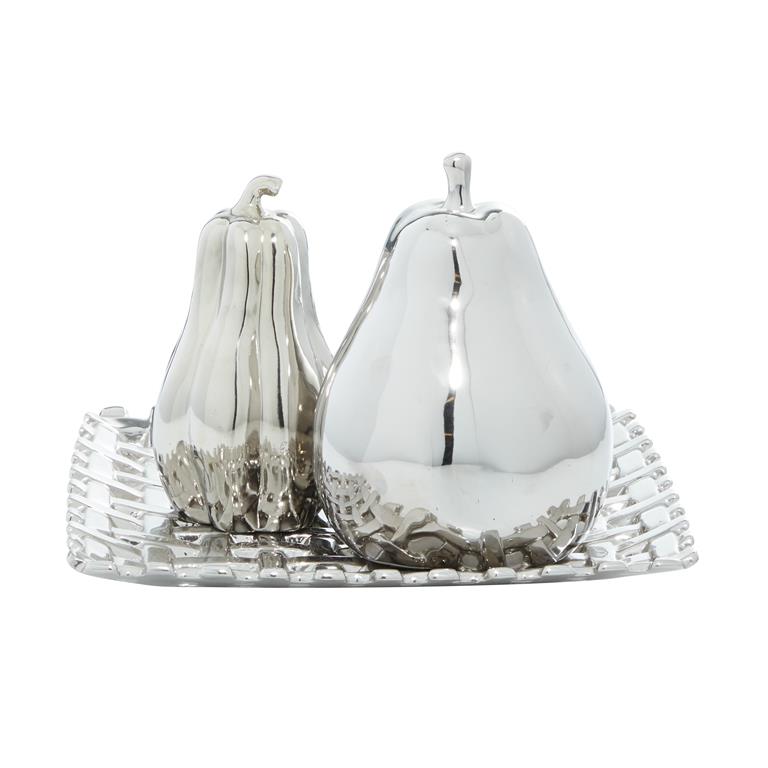 SILVER CERAMIC FRUIT DECORATIVE SCULPTURE WITH PLATE,