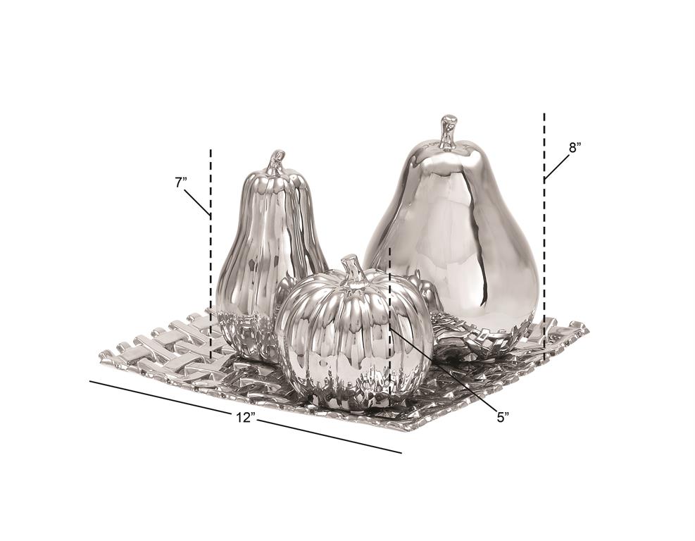 SILVER CERAMIC FRUIT DECORATIVE SCULPTURE WITH PLATE,