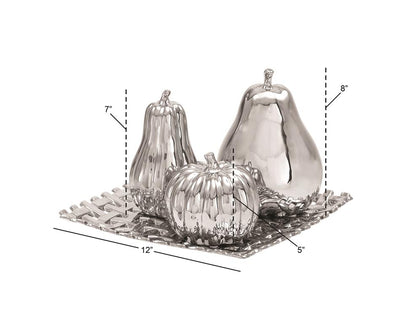 SILVER CERAMIC FRUIT DECORATIVE SCULPTURE WITH PLATE,