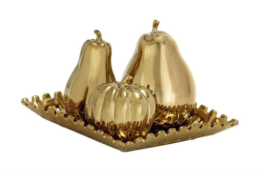 GOLD CERAMIC FRUIT DECORATIVE SCULPTURE WITH PLATE