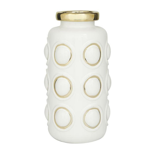 COSMOLIVING BY COSMOPOLITAN WHITE CERAMIC VASE WITH GOLD CIRCLE ACCENTS
