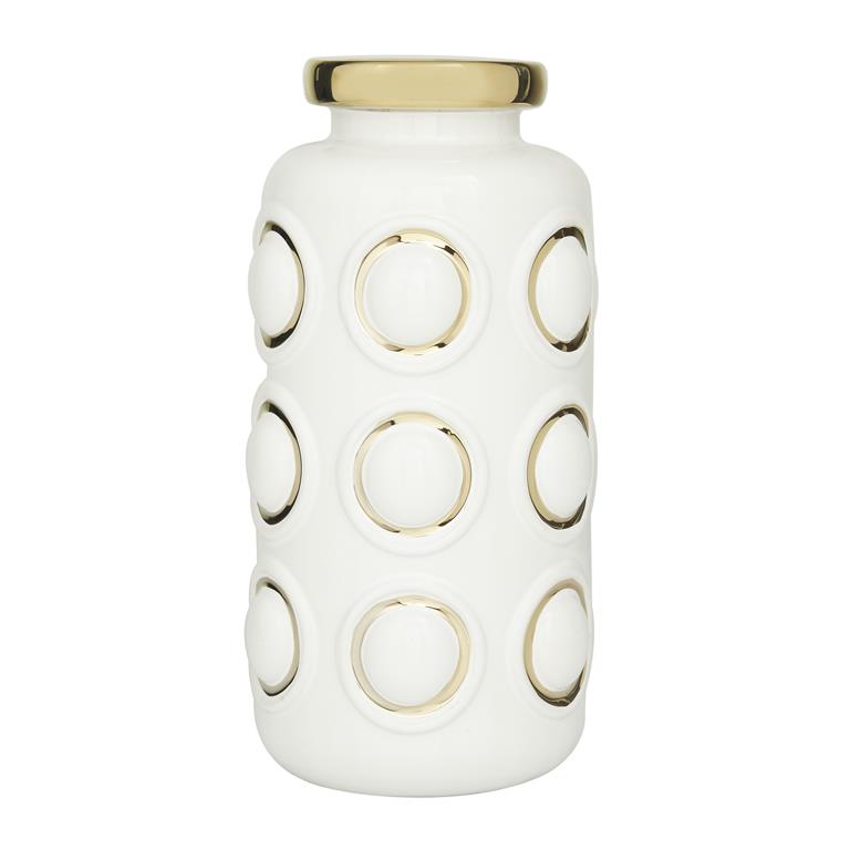 COSMOLIVING BY COSMOPOLITAN WHITE CERAMIC VASE WITH GOLD CIRCLE ACCENTS