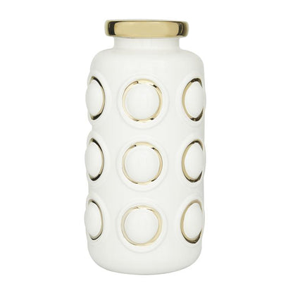 COSMOLIVING BY COSMOPOLITAN WHITE CERAMIC VASE WITH GOLD CIRCLE ACCENTS
