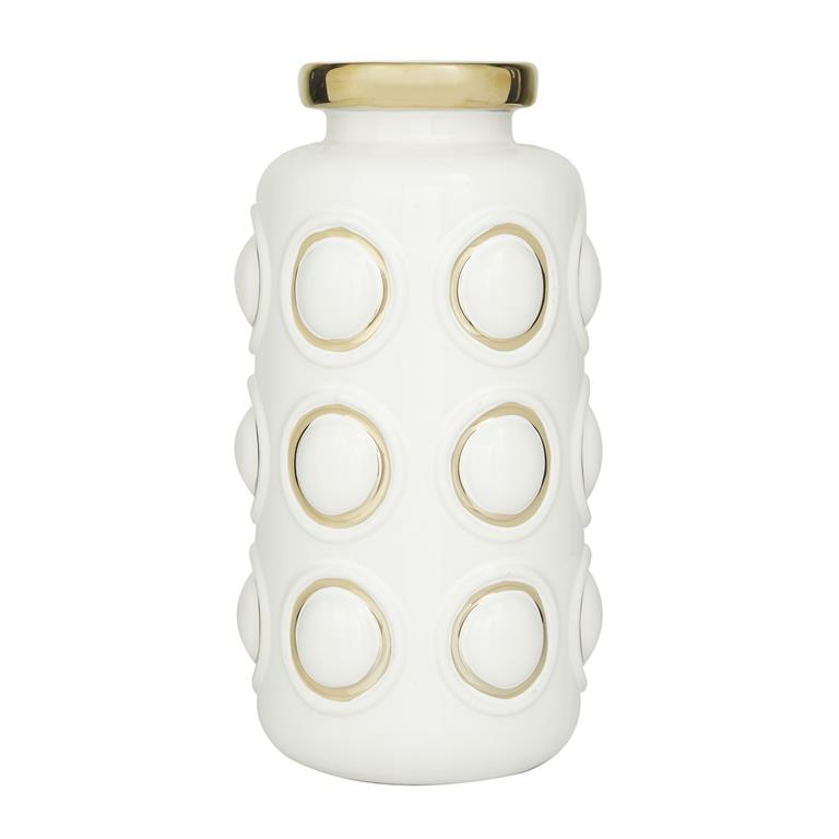 COSMOLIVING BY COSMOPOLITAN WHITE CERAMIC VASE WITH GOLD CIRCLE ACCENTS