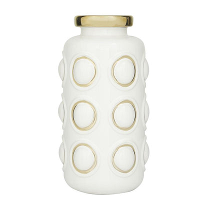 COSMOLIVING BY COSMOPOLITAN WHITE CERAMIC VASE WITH GOLD CIRCLE ACCENTS