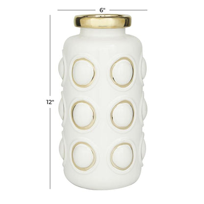 COSMOLIVING BY COSMOPOLITAN WHITE CERAMIC VASE WITH GOLD CIRCLE ACCENTS