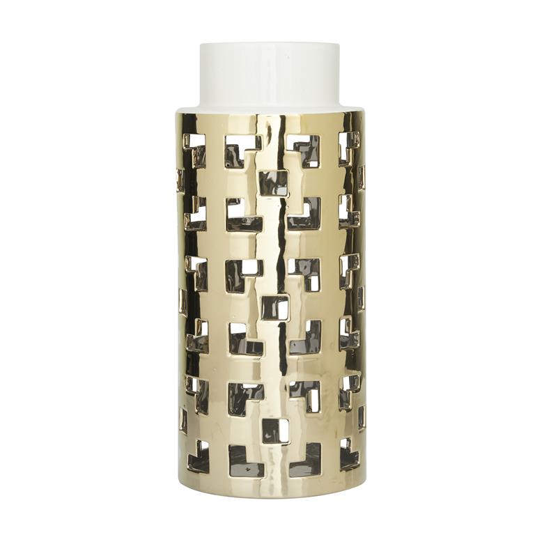 COSMOLIVING BY COSMOPOLITAN GOLD CERAMIC VASE WITH GOLD CUT OUT ACCENTS,