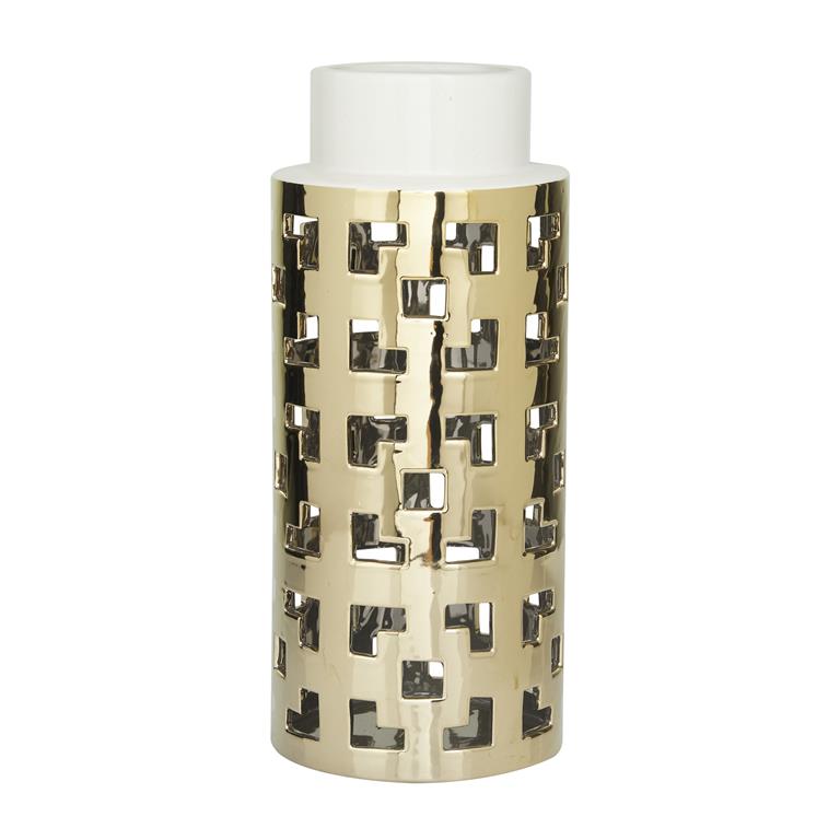 COSMOLIVING BY COSMOPOLITAN GOLD CERAMIC VASE WITH GOLD CUT OUT ACCENTS,