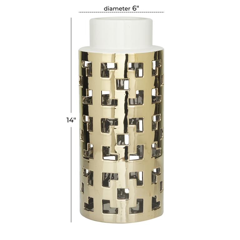 COSMOLIVING BY COSMOPOLITAN GOLD CERAMIC VASE WITH GOLD CUT OUT ACCENTS,
