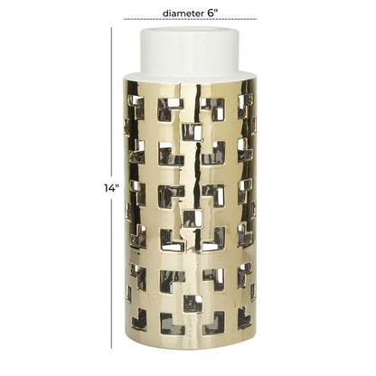 COSMOLIVING BY COSMOPOLITAN GOLD CERAMIC VASE WITH GOLD CUT OUT ACCENTS,