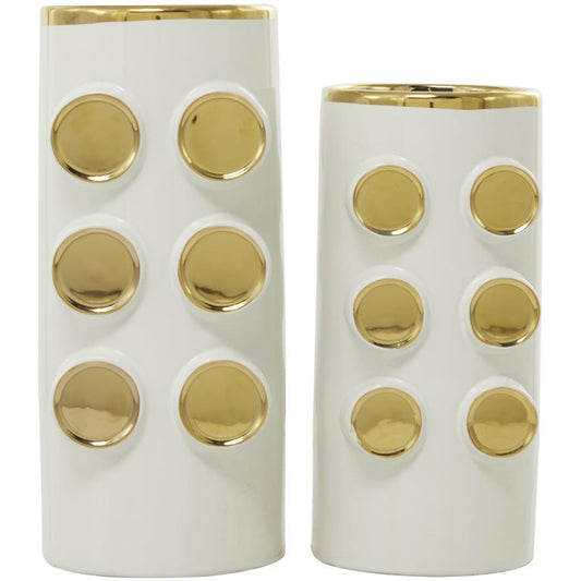 COSMOLIVING BY COSMOPOLITAN WHITE CERAMIC VASE WITH GOLD CIRCLE ACCENTS