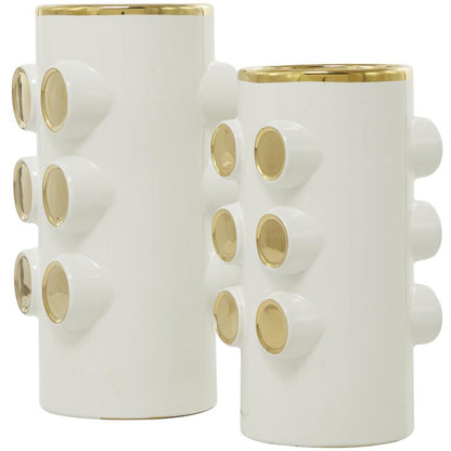 COSMOLIVING BY COSMOPOLITAN WHITE CERAMIC VASE WITH GOLD CIRCLE ACCENTS