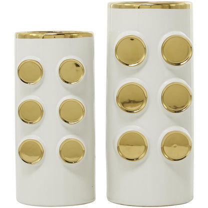COSMOLIVING BY COSMOPOLITAN WHITE CERAMIC VASE WITH GOLD CIRCLE ACCENTS